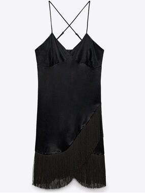 Zara Black Satin Effect Fringe Slip Dress with Crisscross Straps